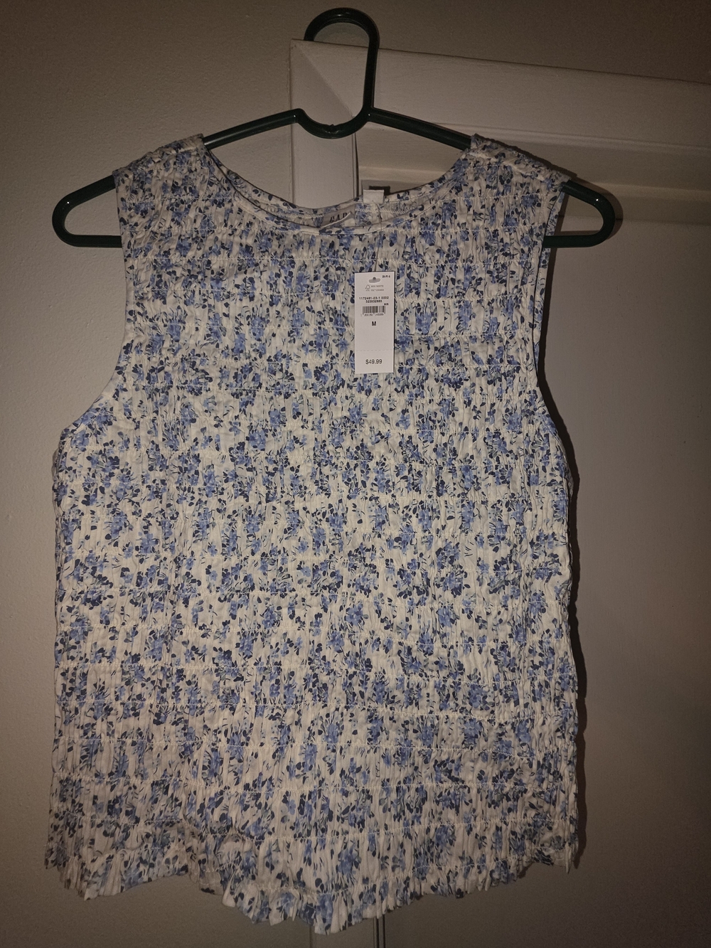 Gap Smocked Sleeveless Cream with Blue Floral Top